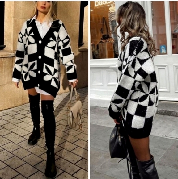 Zara Sweaters - Zara Checkered Knit Jacquard Cardigan